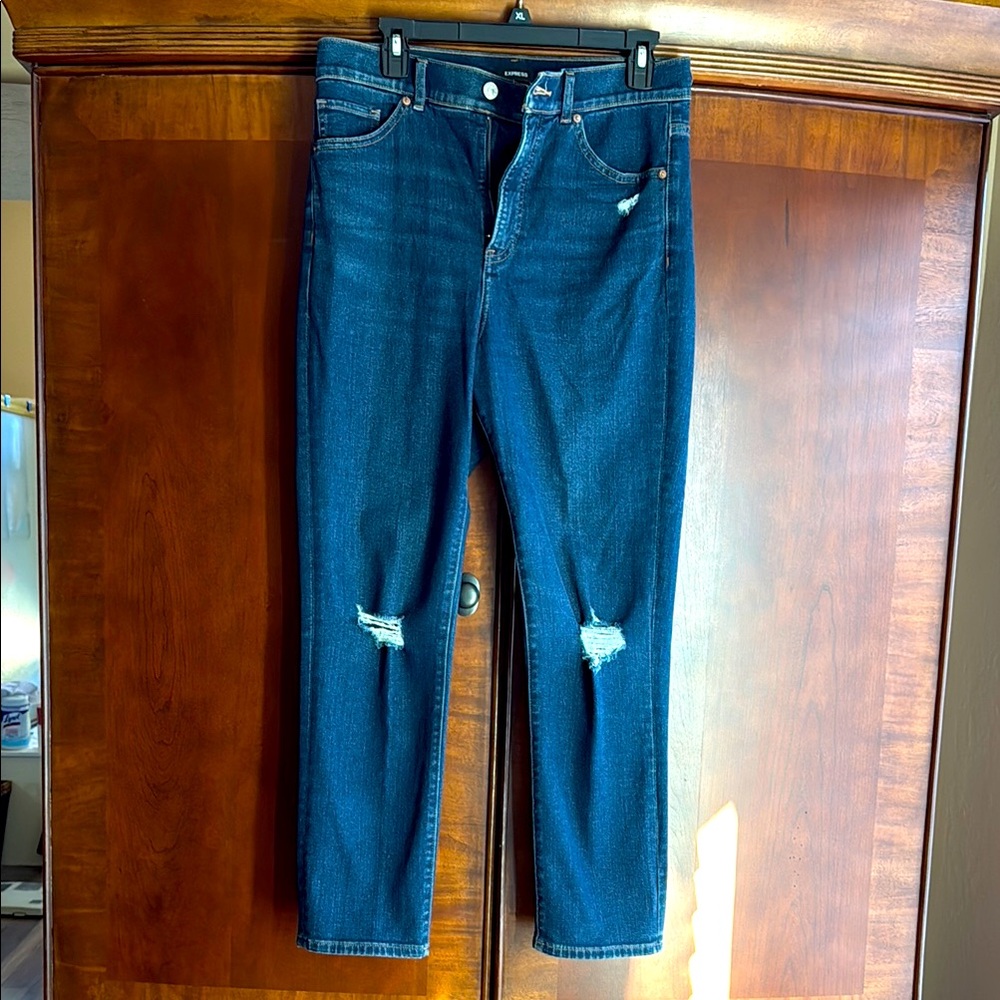 Express High Rise Dark Blue Denim Slim Fit Distressed Stretch Jeans